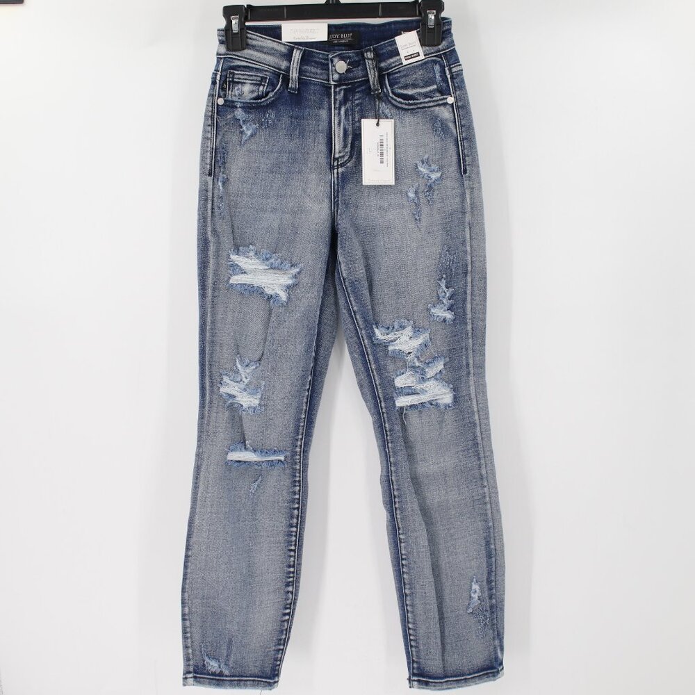 NWT Judy Blue Jeans Womens 24 Silver Moon High Waist Boyfriend fit Destroyed
